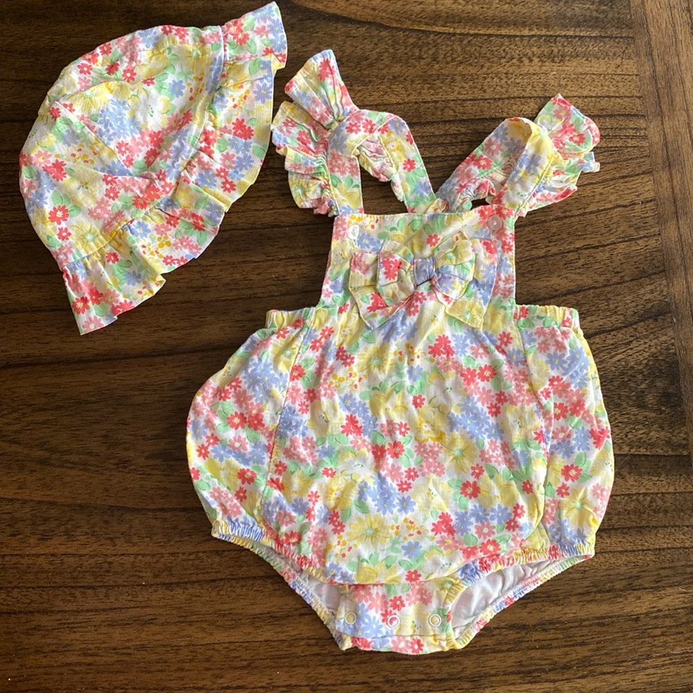 Little Me Spring Floral Romper/Overall & Hat Set 6M 100% cotton